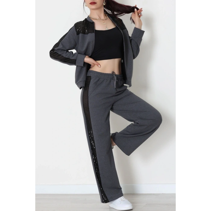 Pul Garnili 2 İplik Eşofman Takımı Füme - 52109.1567.