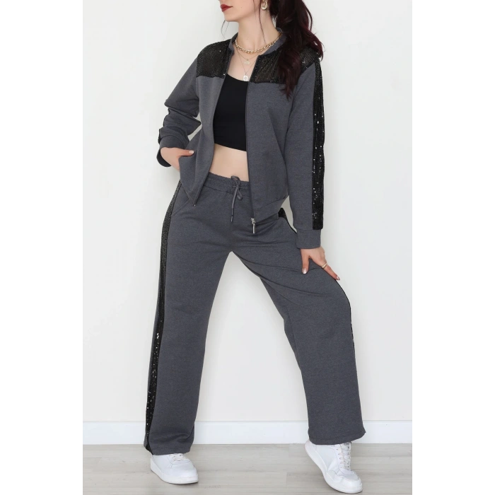 Pul Garnili 2 İplik Eşofman Takımı Füme - 52109.1567.