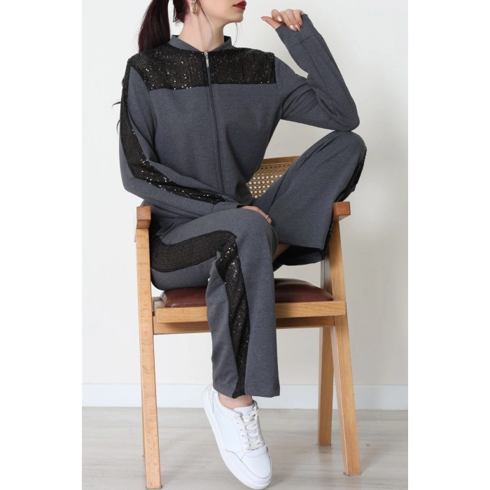 Pul Garnili 2 İplik Eşofman Takımı Füme - 52109.1567.