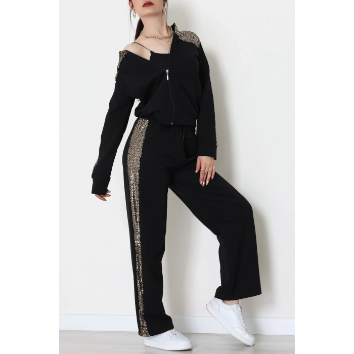 Pul Garnili 2 İplik Eşofman Takımı Siyahgold - 52109.1567.