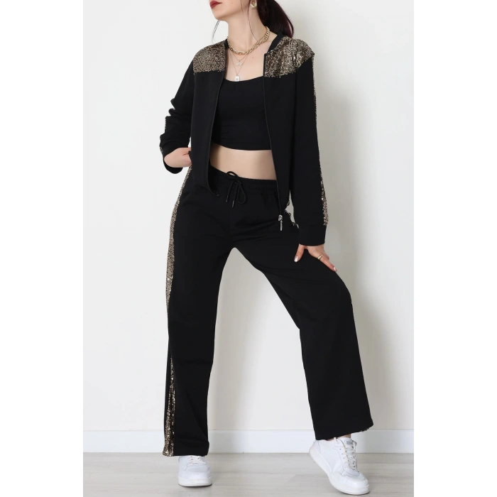 Pul Garnili 2 İplik Eşofman Takımı Siyahgold - 52109.1567.