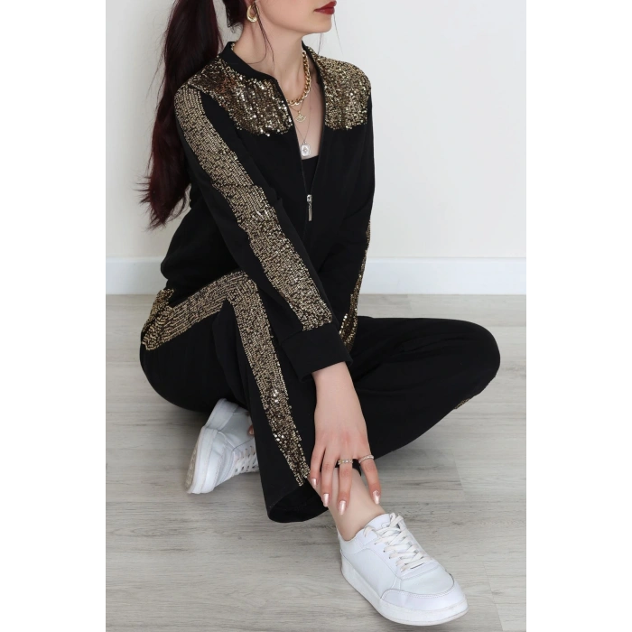 Pul Garnili 2 İplik Eşofman Takımı Siyahgold - 52109.1567.