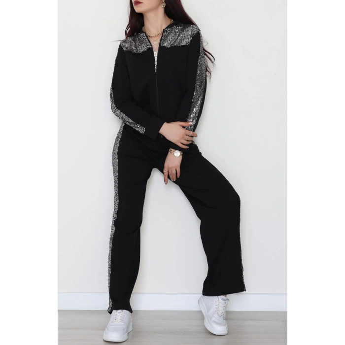 Pul Garnili 2 İplik Eşofman Takımı Siyahgümüş - 52109.1567.