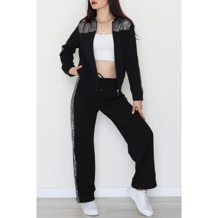 Pul Garnili 2 İplik Eşofman Takımı Siyahgümüş - 52109.1567.