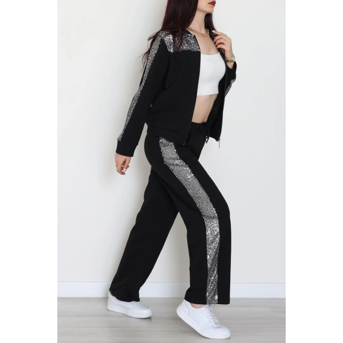 Pul Garnili 2 İplik Eşofman Takımı Siyahgümüş - 52109.1567.