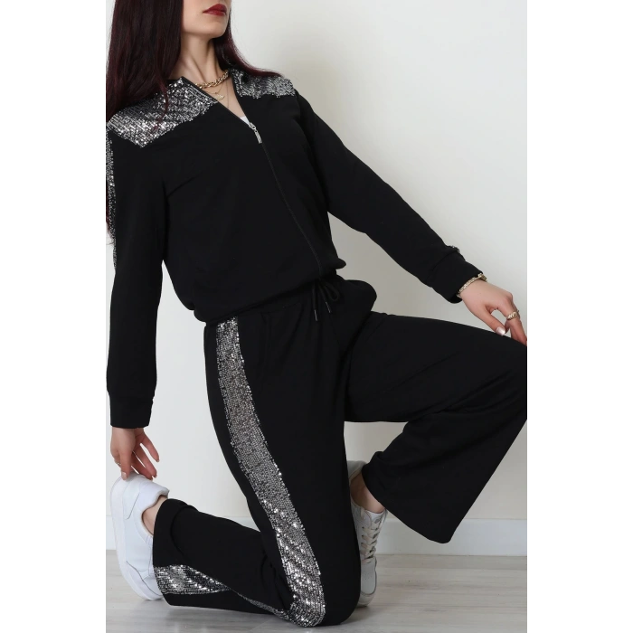 Pul Garnili 2 İplik Eşofman Takımı Siyahgümüş - 52109.1567.