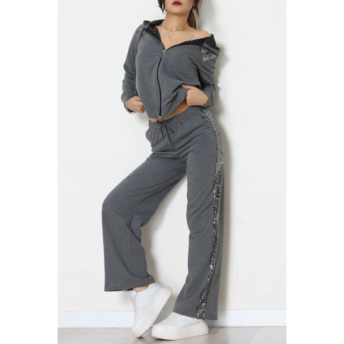 Pul İşlemeli 2 İplik Eşofman Takımı Füme - 40016.1857.