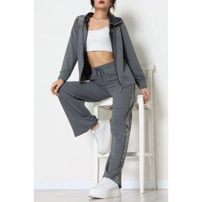 Pul İşlemeli 2 İplik Eşofman Takımı Füme - 40016.1857.