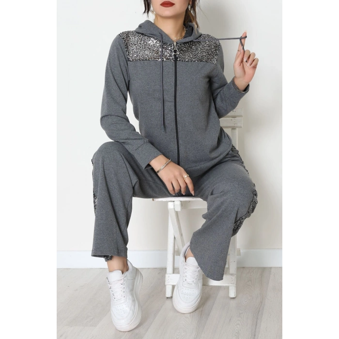 Pul İşlemeli 2 İplik Eşofman Takımı Füme - 40016.1857.