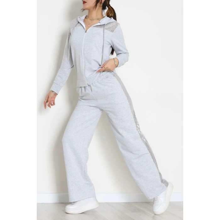 Pul İşlemeli 2 İplik Eşofman Takımı Gri - 40016.1857.