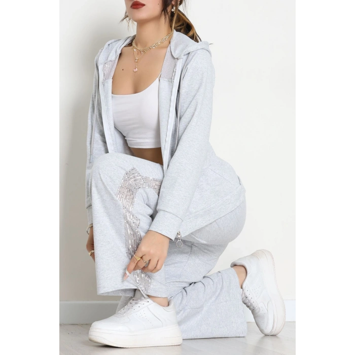 Pul İşlemeli 2 İplik Eşofman Takımı Gri - 40016.1857.