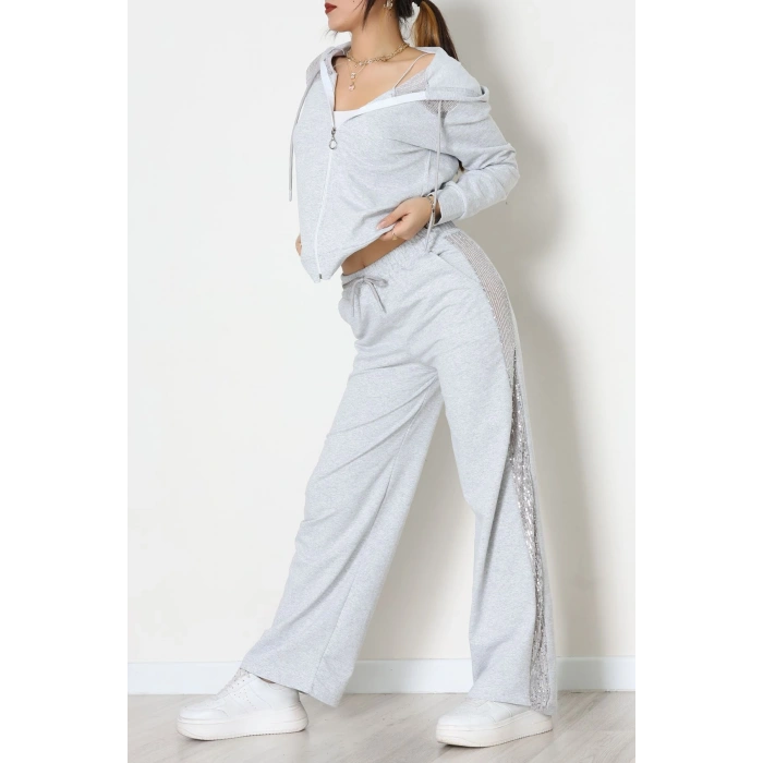 Pul İşlemeli 2 İplik Eşofman Takımı Gri - 40016.1857.