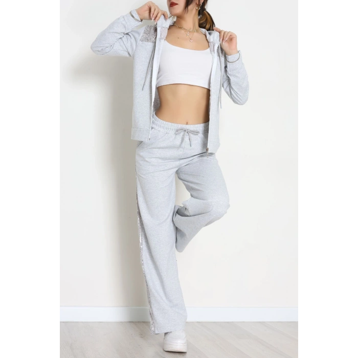 Pul İşlemeli 2 İplik Eşofman Takımı Gri - 40016.1857.