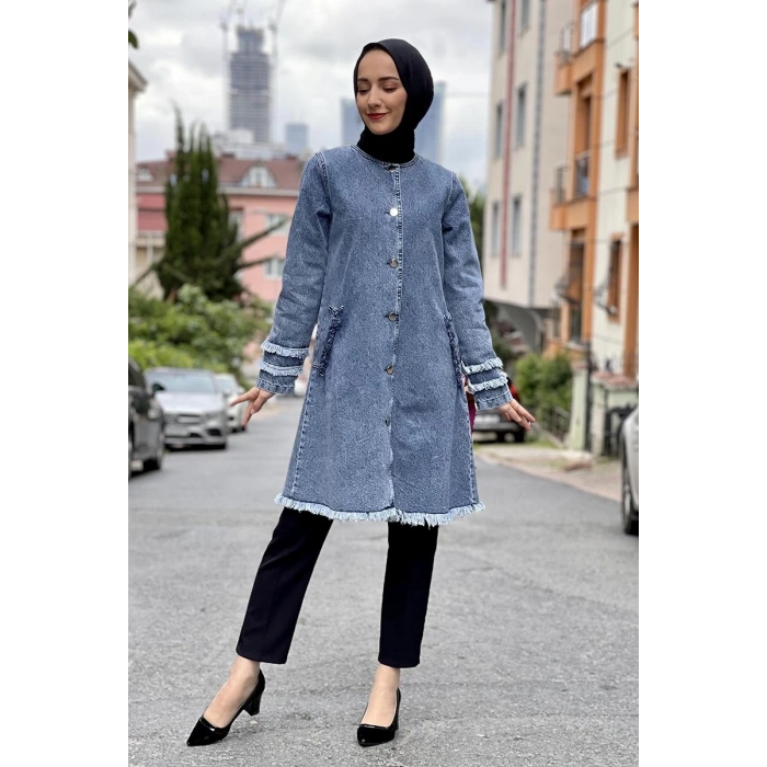 Püsküllü Kot Ceket Açık Mavi