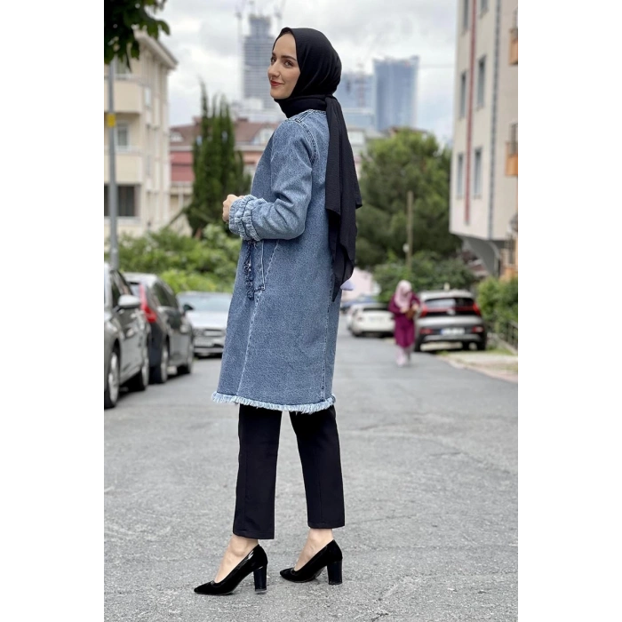 Püsküllü Kot Ceket Açık Mavi