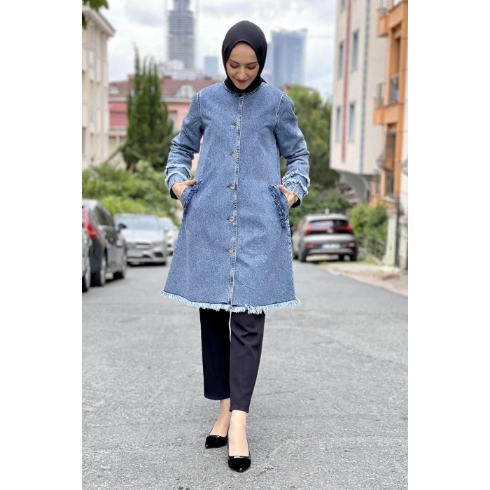 Püsküllü Kot Ceket Açık Mavi