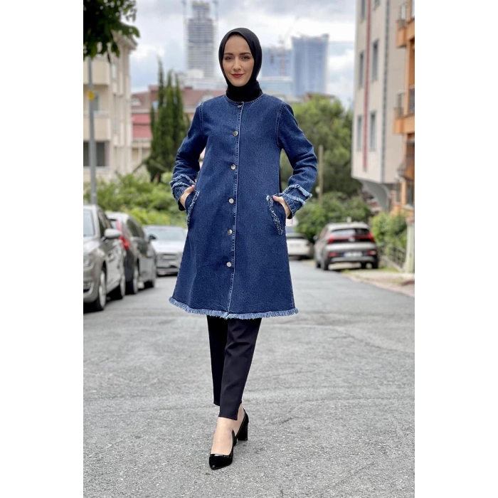 Püsküllü Kot Ceket Koyu Mavi