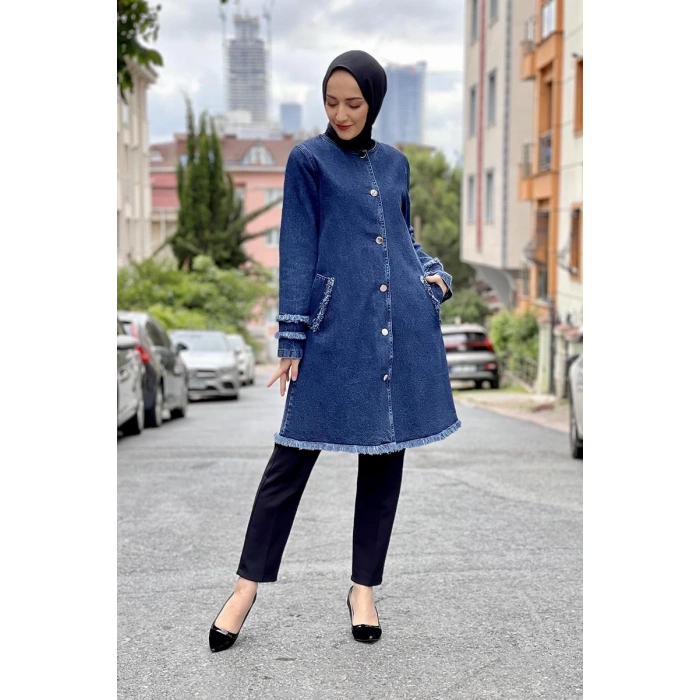 Püsküllü Kot Ceket Koyu Mavi
