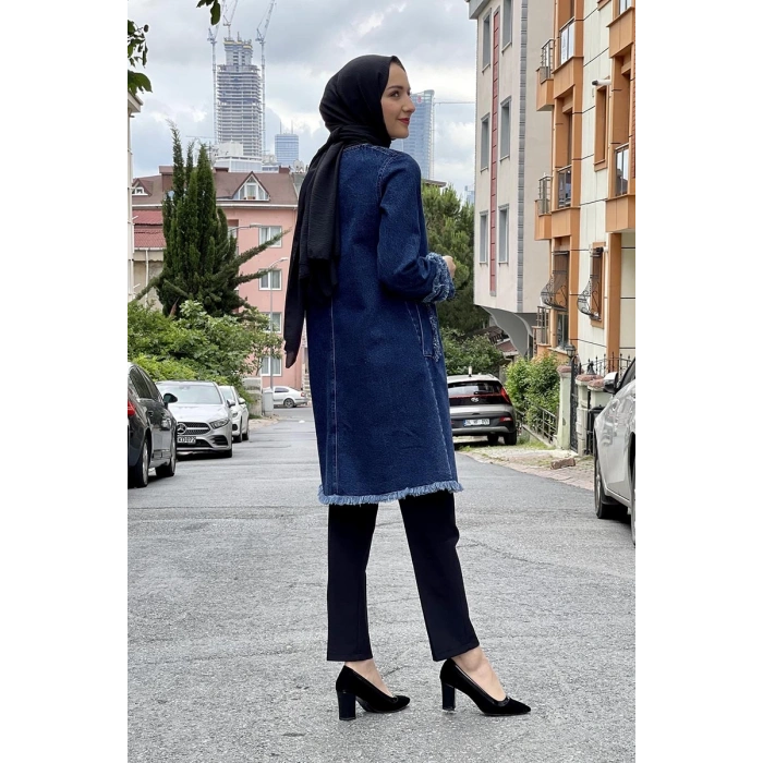 Püsküllü Kot Ceket Koyu Mavi