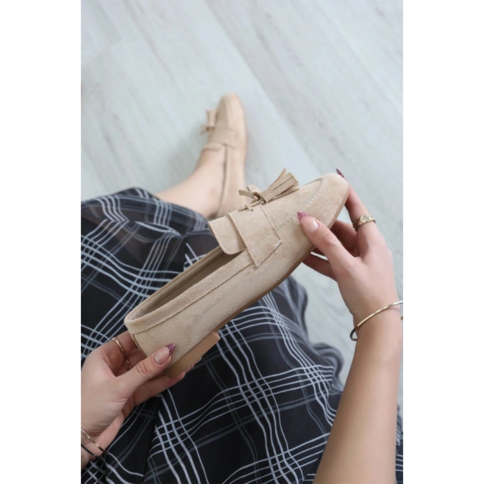 Püsküllü Süet Loafer Babet Bej - 32422.1846.
