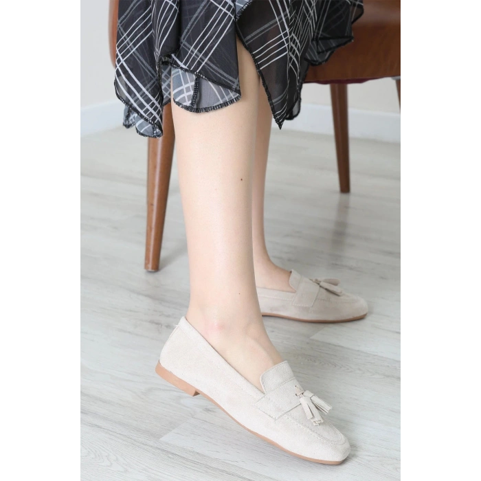 Püsküllü Süet Loafer Babet Krem - 32422.1846.