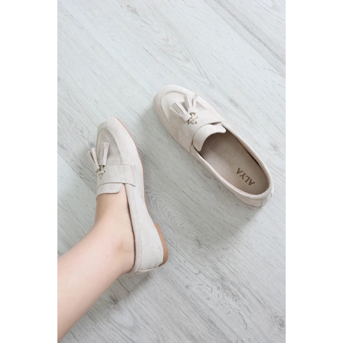 Püsküllü Süet Loafer Babet Krem - 32422.1846.