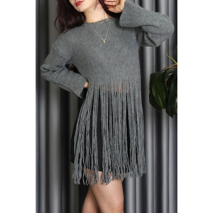 Püsküllü Triko Kazak Füme - 70898.1724.