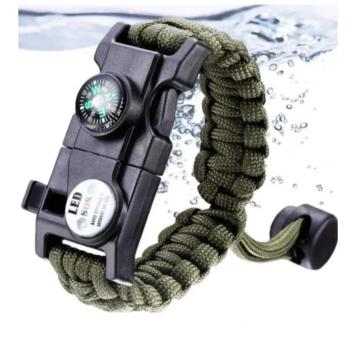 Pusula,fenerli Yüksek Desibel Düdüklü Hayatta Kalma Kamp Bilekliği  Haki