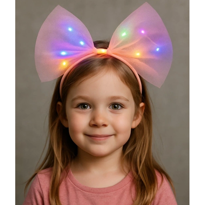 Rengarenk Led Işıklı Fiyonk Şekilli Tül Parti Tacı Pembe Renk 25x25 Cm