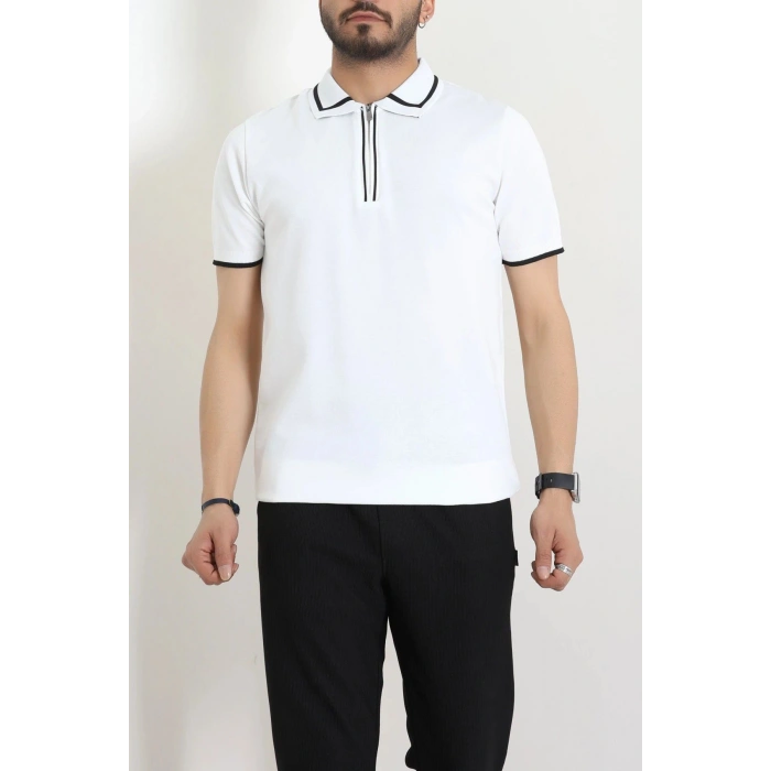 Ribana Detaylı Triko Polo Yaka Tişört Beyaz - 71595.2167.