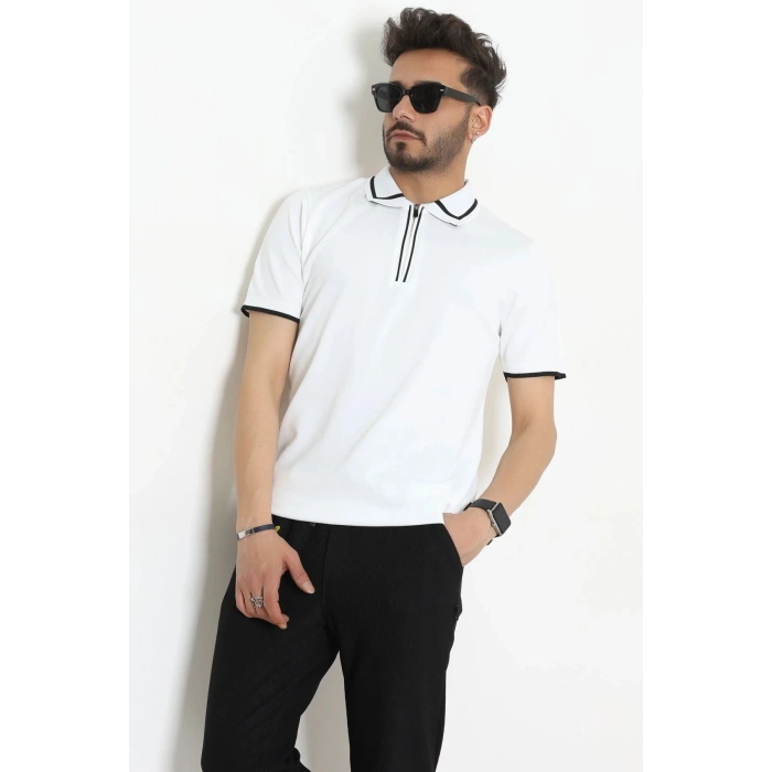 Ribana Detaylı Triko Polo Yaka Tişört Beyaz - 71595.2167.