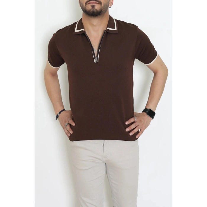Ribana Detaylı Triko Polo Yaka Tişört Kahve - 71595.2167.