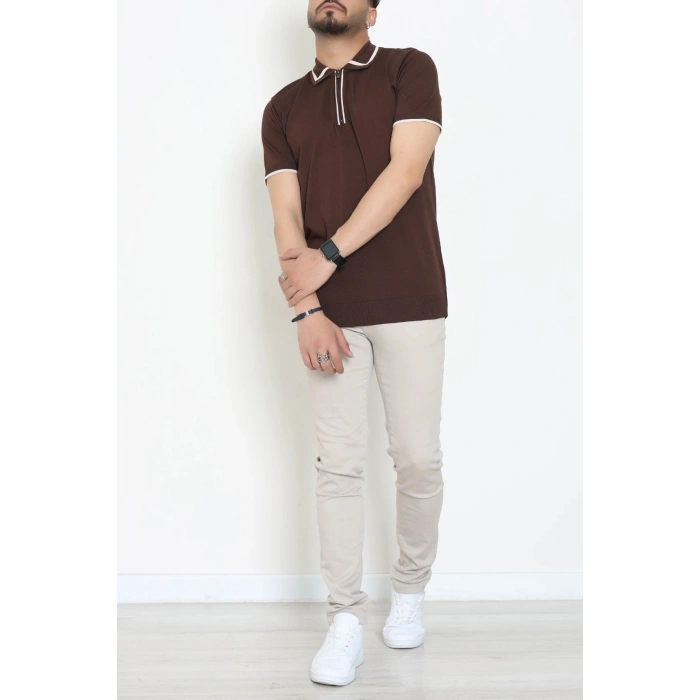 Ribana Detaylı Triko Polo Yaka Tişört Kahve - 71595.2167.