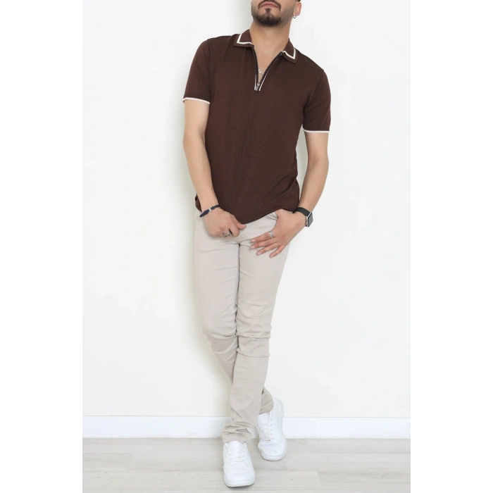 Ribana Detaylı Triko Polo Yaka Tişört Kahve - 71595.2167.