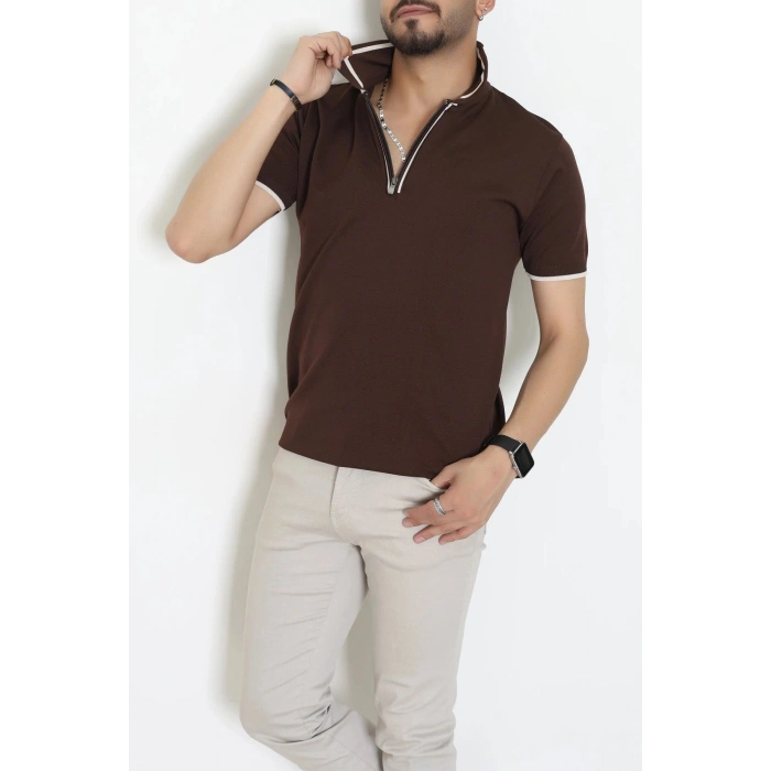 Ribana Detaylı Triko Polo Yaka Tişört Kahve - 71595.2167.
