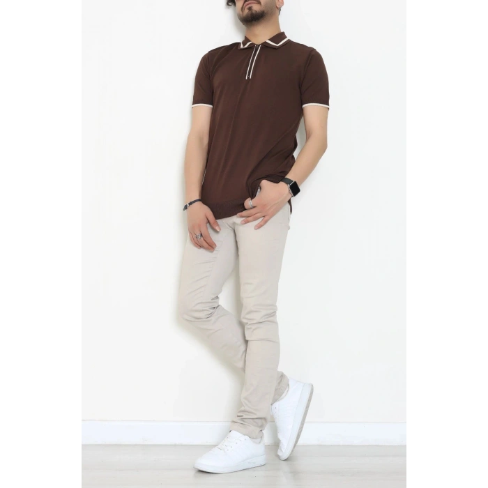 Ribana Detaylı Triko Polo Yaka Tişört Kahve - 71595.2167.