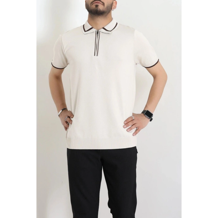 Ribana Detaylı Triko Polo Yaka Tişört Krem - 71595.2167.