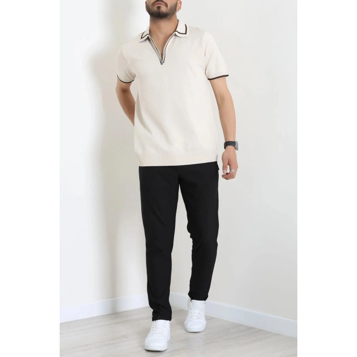 Ribana Detaylı Triko Polo Yaka Tişört Krem - 71595.2167.