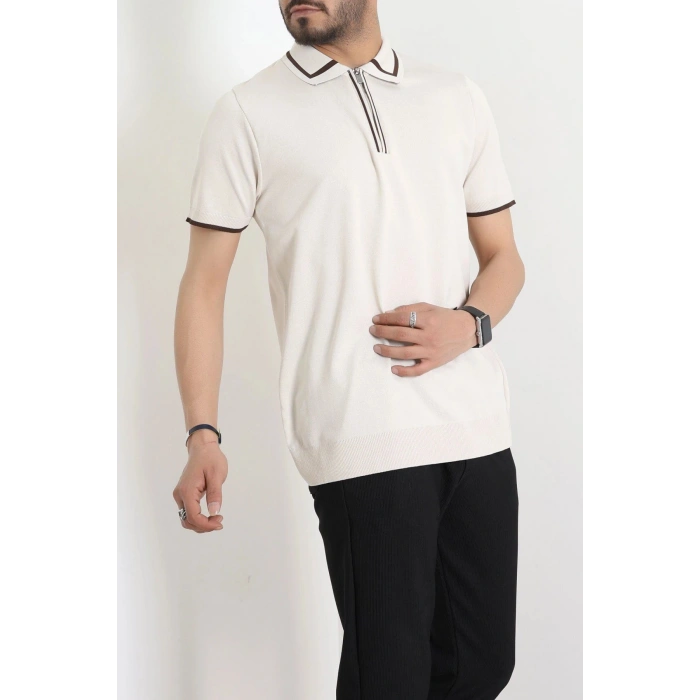 Ribana Detaylı Triko Polo Yaka Tişört Krem - 71595.2167.
