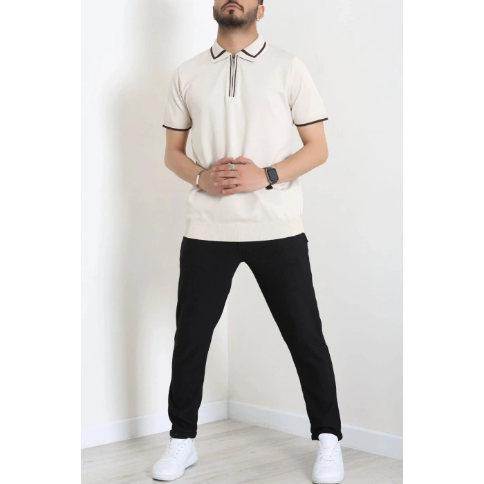 Ribana Detaylı Triko Polo Yaka Tişört Krem - 71595.2167.