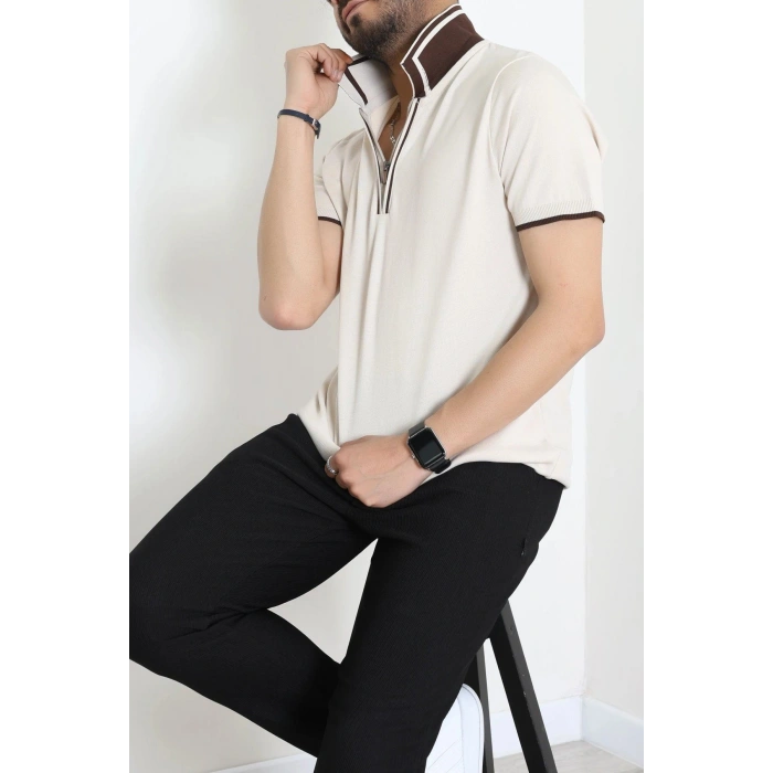Ribana Detaylı Triko Polo Yaka Tişört Krem - 71595.2167.