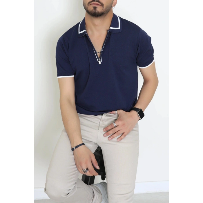 Ribana Detaylı Triko Polo Yaka Tişört Lacivert - 71595.2167.