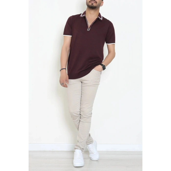 Ribana Detaylı Triko Polo Yaka Tişört Mürdüm - 71595.2167.