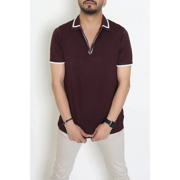 Ribana Detaylı Triko Polo Yaka Tişört Mürdüm - 71595.2167.