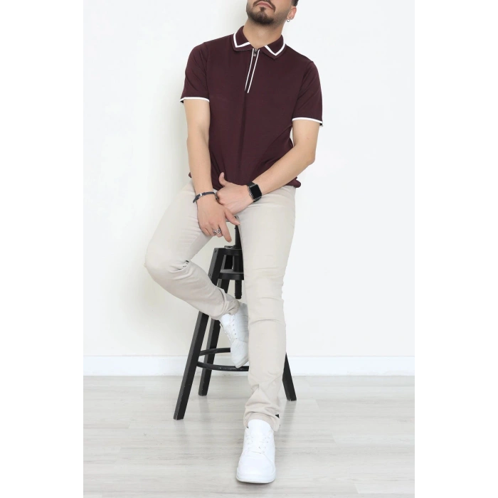 Ribana Detaylı Triko Polo Yaka Tişört Mürdüm - 71595.2167.