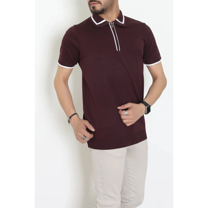 Ribana Detaylı Triko Polo Yaka Tişört Mürdüm - 71595.2167.