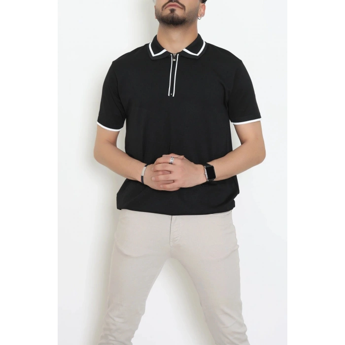 Ribana Detaylı Triko Polo Yaka Tişört Siyah - 71595.2167.