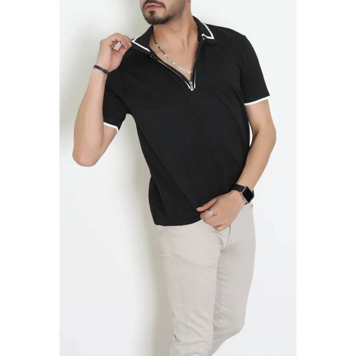 Ribana Detaylı Triko Polo Yaka Tişört Siyah - 71595.2167.
