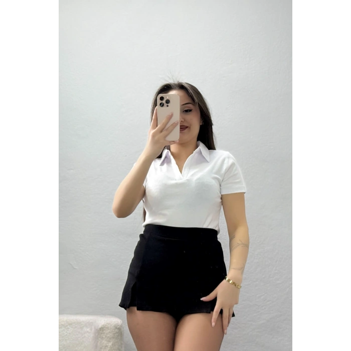 Ribana Gömlek Yaka Kısa Kollu Tişört Beyaz - 22023.200.