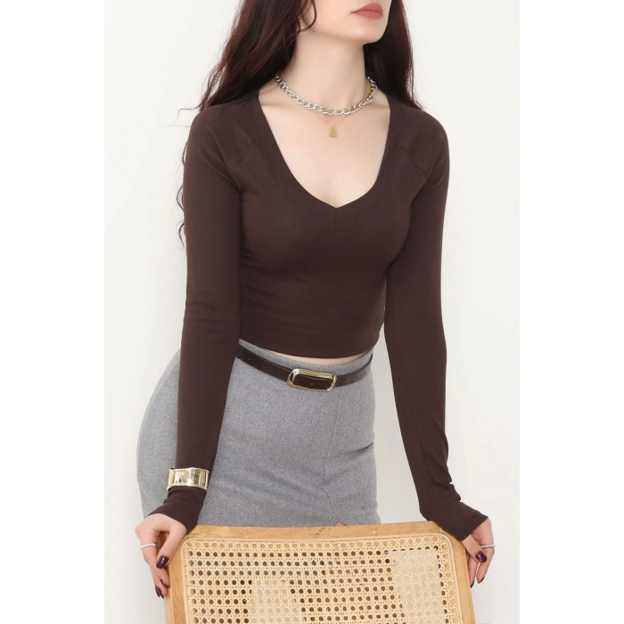 Ribana Kumaş Geniş V Yaka Uzun Kollu Body Kahve - 21948.200.